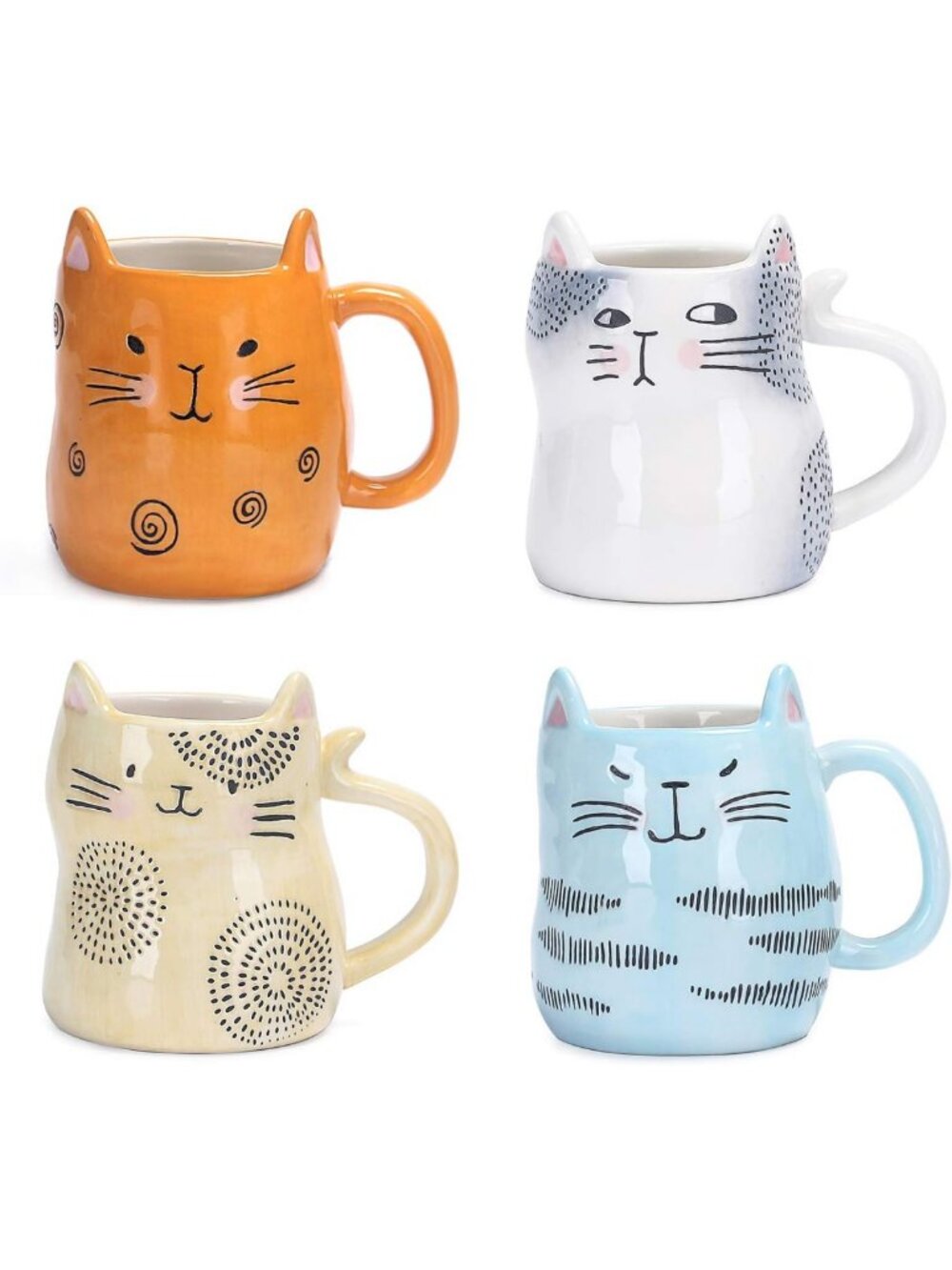 Cute Cat Ceramic Coffee Mugs Set of 4, 10 oz with 3D Ears - Adorable Gift Idea